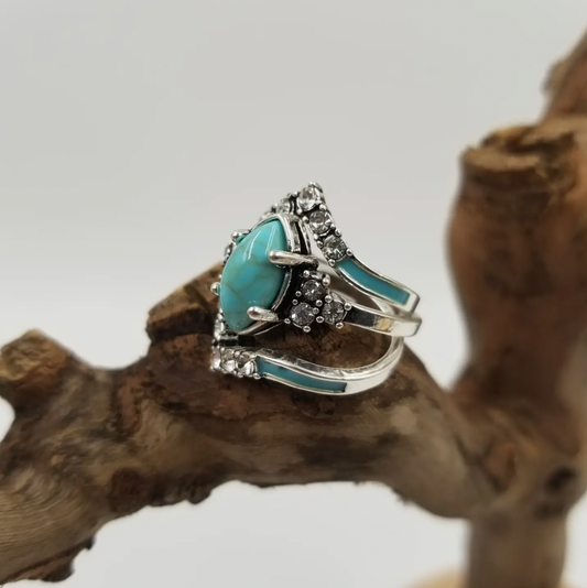 Silver Vintage Turquoise & Diamond Ring Set of 3