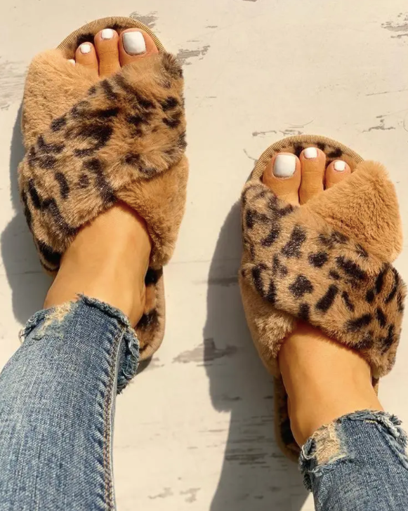 Women Fluffy Leopard Slippers Boho Bazaar NoDa