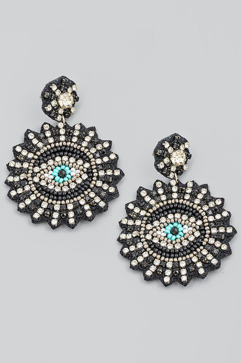 Beaded Rhinestone Evil Eye Disc Earrings