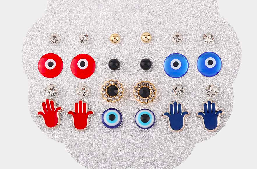 ROUND STONE METAL BALL EVIL EYE HAMSA HAND STUD EARRINGS