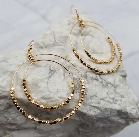 Gold Metal Beaded Double Circle Hoop Earrings