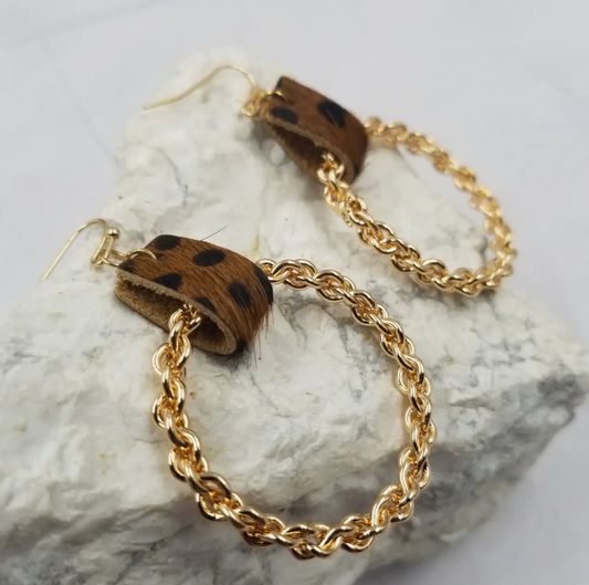 Leopard Leather and Gold Twisted Hoop Earrings