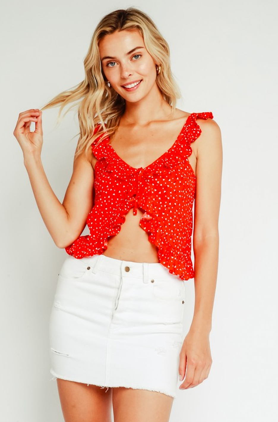 Ditsy Red Ruffle Tied Tank Top
