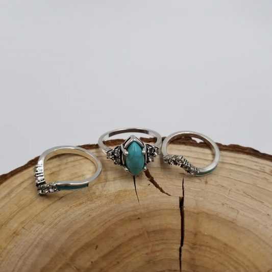 Silver Vintage Turquoise & Diamond Ring Set of 3