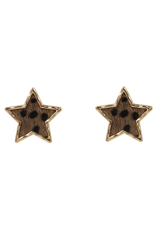 Star Animal Print Genuine Leather Post Earrings