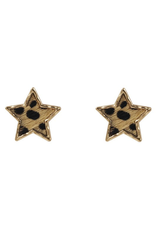 Star Animal Print Genuine Leather Post Earrings