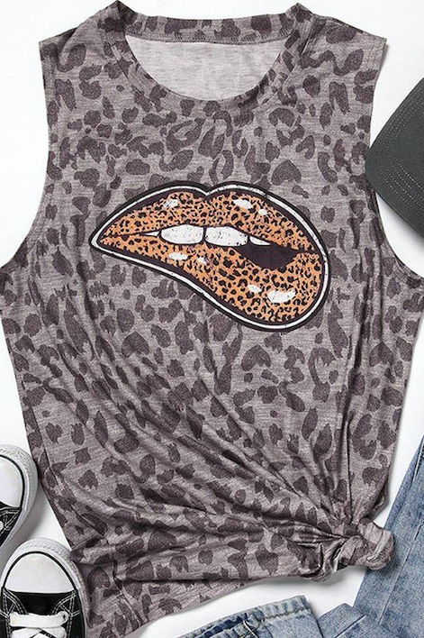 Women's Camouflage Leopard Lips Printed Round Neck Sleeveless Top 1