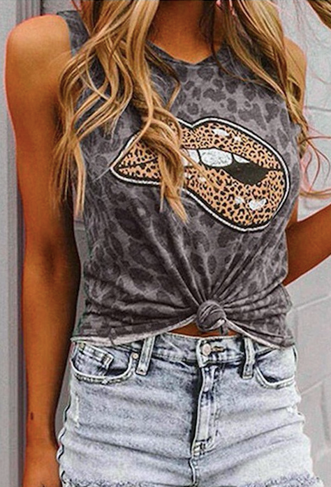 Women's Camouflage Leopard Lips Printed Round Neck Sleeveless Top 1