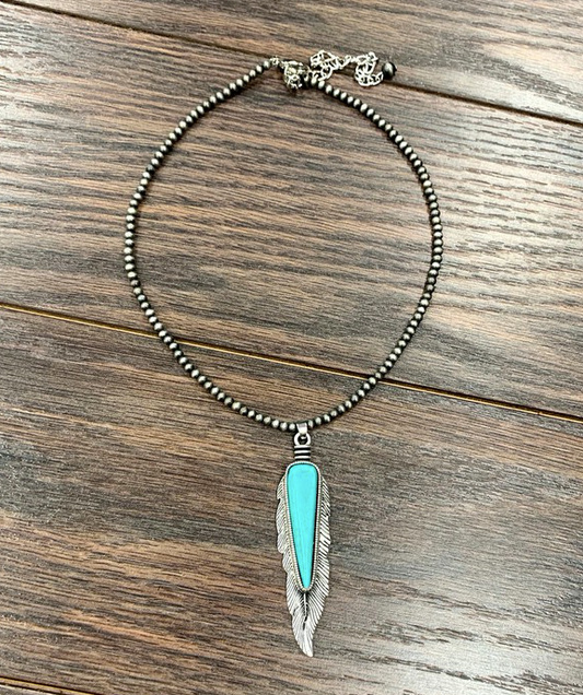 16" Long, Tiny 4mm Navajo Pearl Necklace, Feather Natural Turquoise Pendant