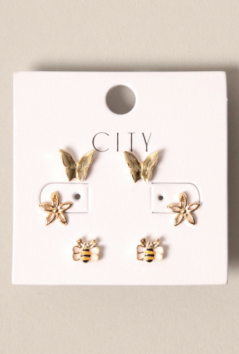 3 Pairs - Bee Butterfly Flower Stud Earring Set