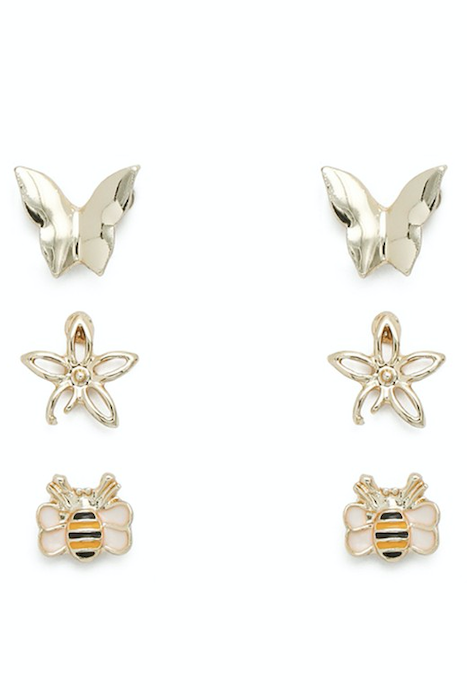 3 Pairs - Bee Butterfly Flower Stud Earring Set