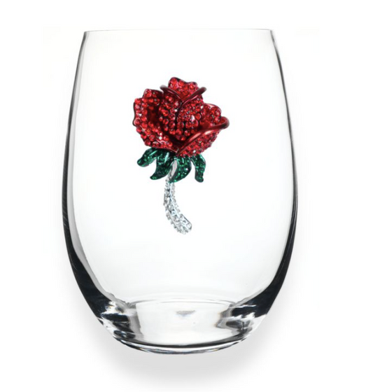 Red Rose Jeweled Stemless Wine Glass
