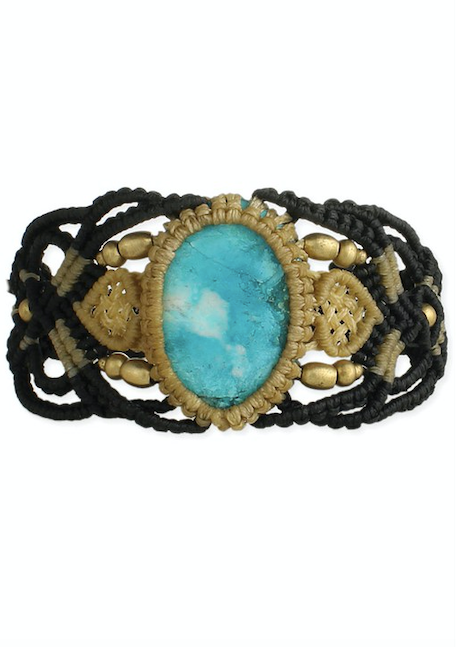 Black Tan Woven Cord Turquoise Stone Bracelet