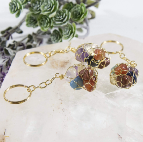 Seven Stone Chakra Tumbled Stone Keychain - Gold and Silver Toned Keychains