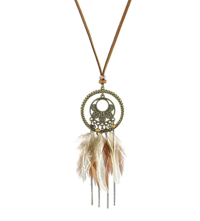 Boho Vintage Feather Tassel Dream Catcher Necklace