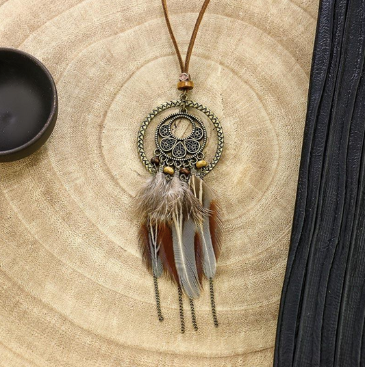 Boho Vintage Feather Tassel Dream Catcher Necklace