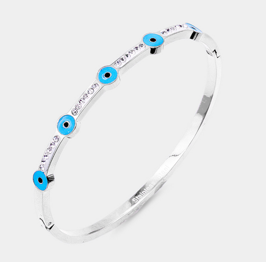 EVIL EYE ACCENTED RHINESTONE EMBELLISHED STAINLESS STEEL BANGLE EVENING BRACELET