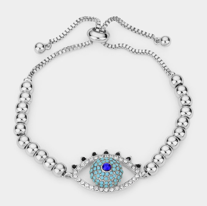 RHINESTONE EMBELLISHED EVIL EYE ACCENTED ADJUSTABLE PULL TIE CINCH BRACELET