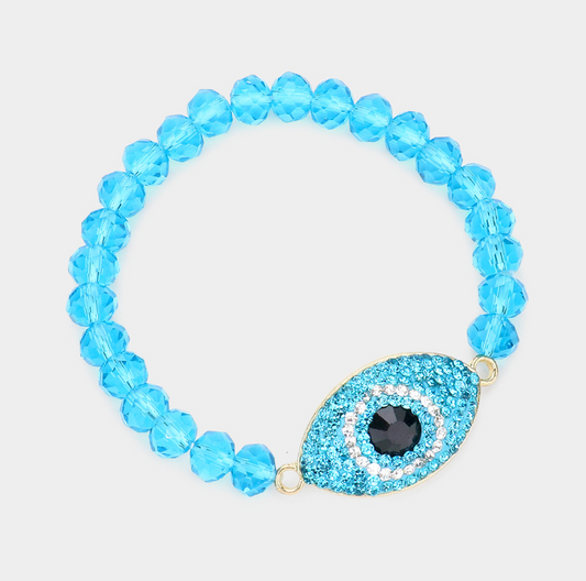 RHINESTONE PAVE EVIL EYE FACETED BEAD STRETCH BRACELET