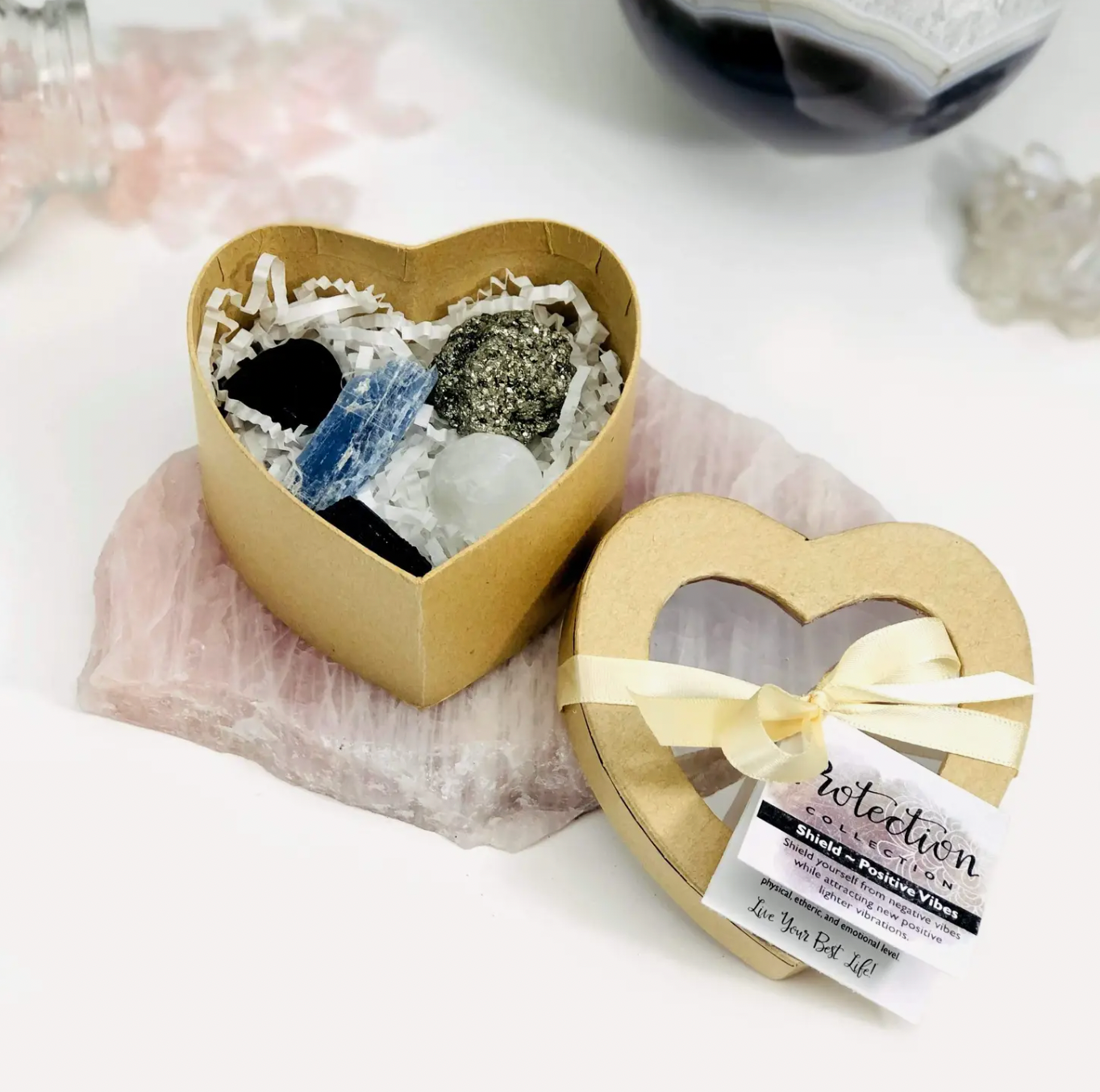 Crystal Healing Protection Set of Stones in Heart Shaped Box