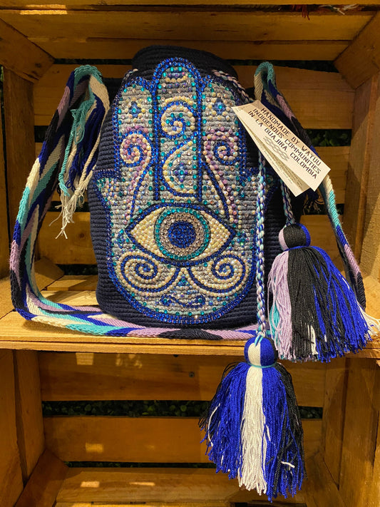 Blue Hamsa wayuu bag