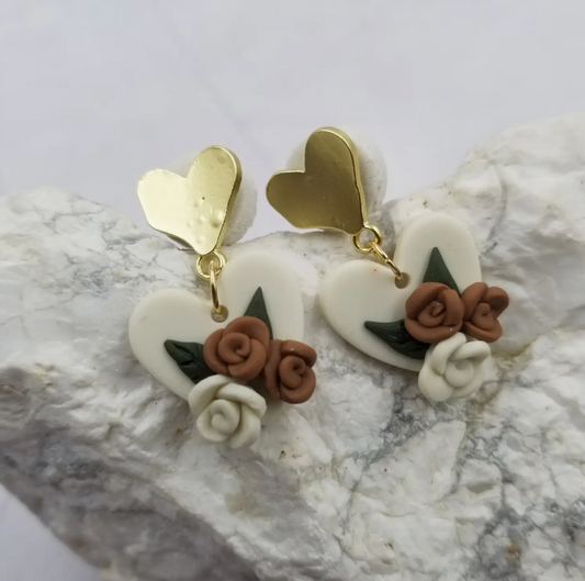 Heart Rose Polymer Clay Earrings