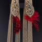 Boho red feather silver fringe earrings
