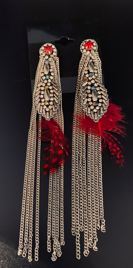 Boho red feather silver fringe earrings